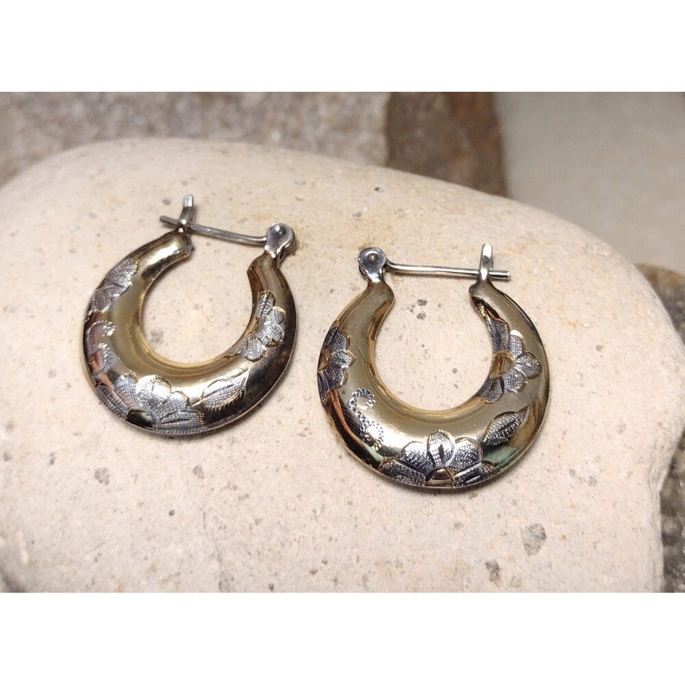 24KT Gold Over Sterling Floral Hoop Earrings - Gold - Picture 10 of 11